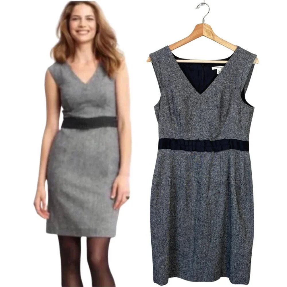Banana Republic Cap Sleeve V-Neck Tweed Wool Stretch Mini Dress Women's 6 Gray